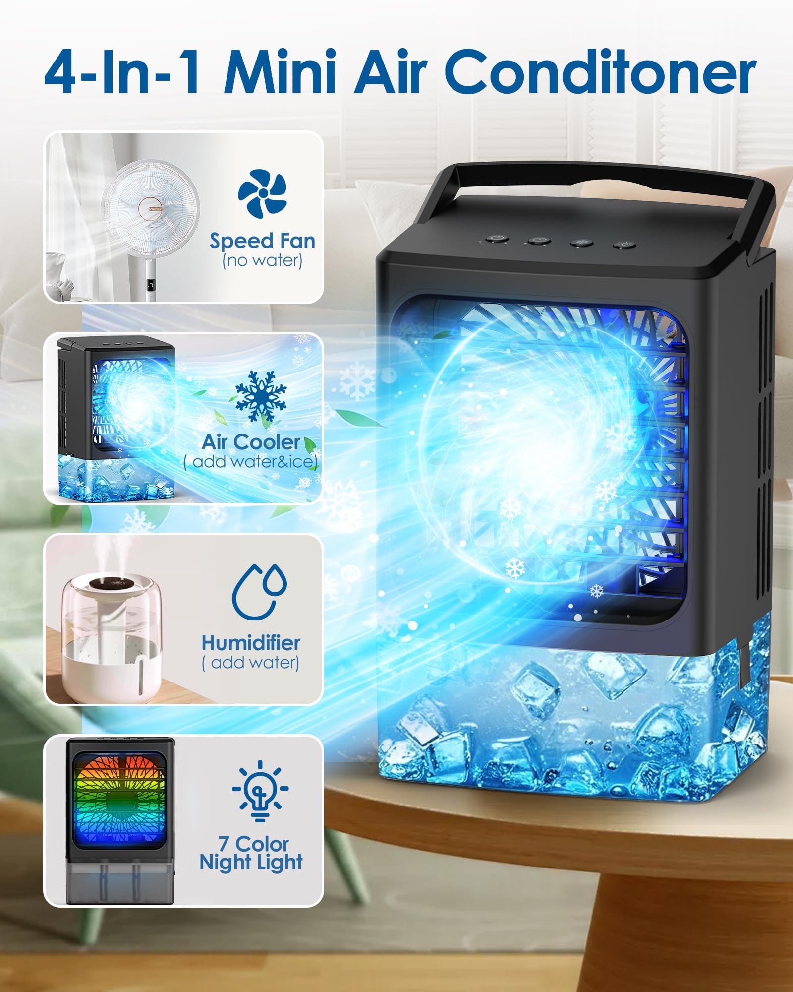 Mini Air Conditioner,Portable Air Conditioners,Evaporative Air Cooler Humidifier, 3 Speed Quiet Personal Cooling Fan, 7-Color LED Night Light, 4/8H Timer for Bedroom, Office, Camping, Car (White)