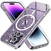 Choiche Magnetic for iPhone 14 Pro Max Case, Women Clear Glitter Bling Sparkly Case, [3xDiamond Camera Lens Protectors] [2xTempered Glass Screen Protectors] [Compatible MagSafe] (Glitter Clear)
