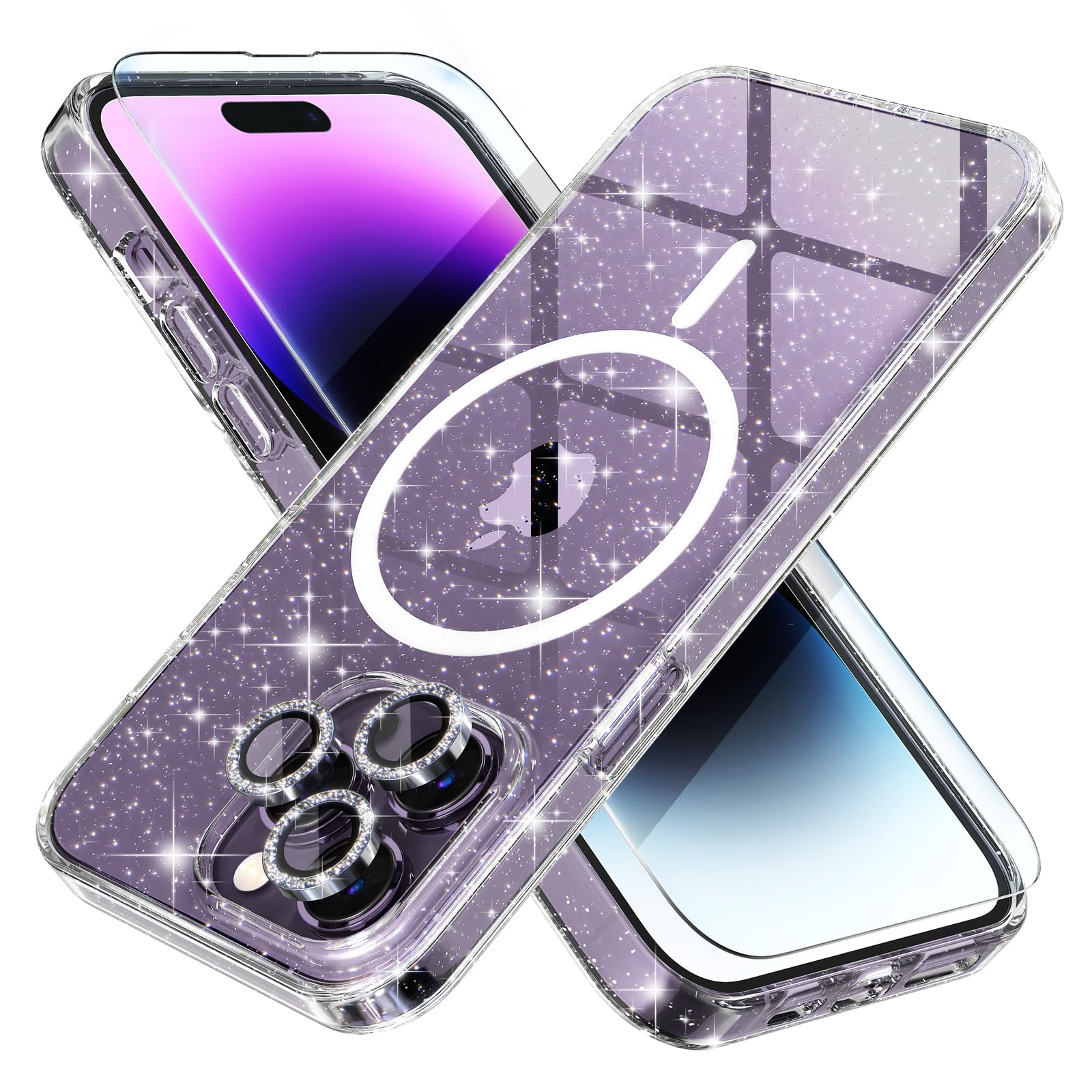 Photo 1 of Choiche Magnetic Case for iPhone 14 Pro Max Case, Women Clear Glitter Bling Sparkly Case, [3xDiamond Camera Lens Protectors] [2xTempered Glass Screen Protectors] [Compatible MagSafe] (Glitter Clear)