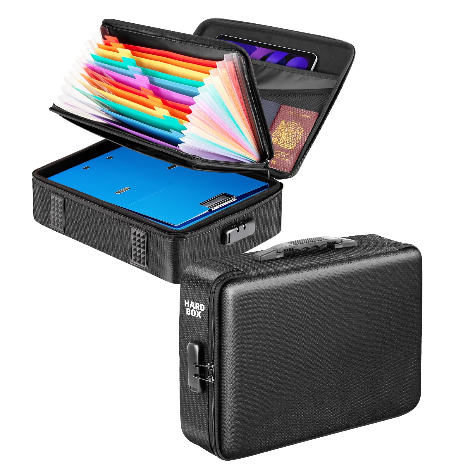 Photo 1 of File Organizer, Hard Case Fireproof Document Box with Lock, Hard-Shell Important Document Organizer Safe Box Fireproof Waterproof, Home Office Supplies Storage and Organization (Black)