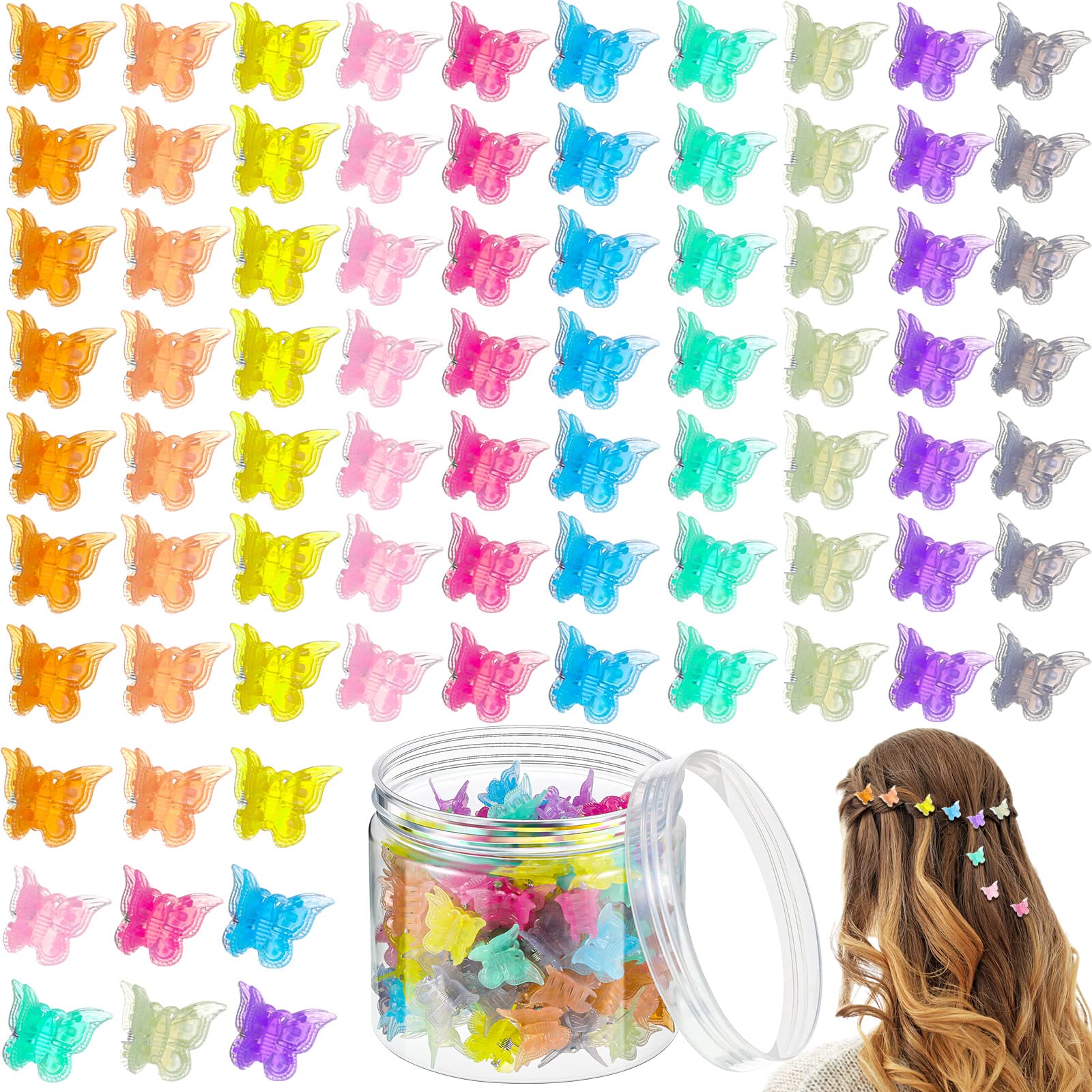 Photo 1 of 100 Pieces Butterfly Hair Clips with Box - Cute Mini Clips and Hair Accessories for Women (Jelly Color)