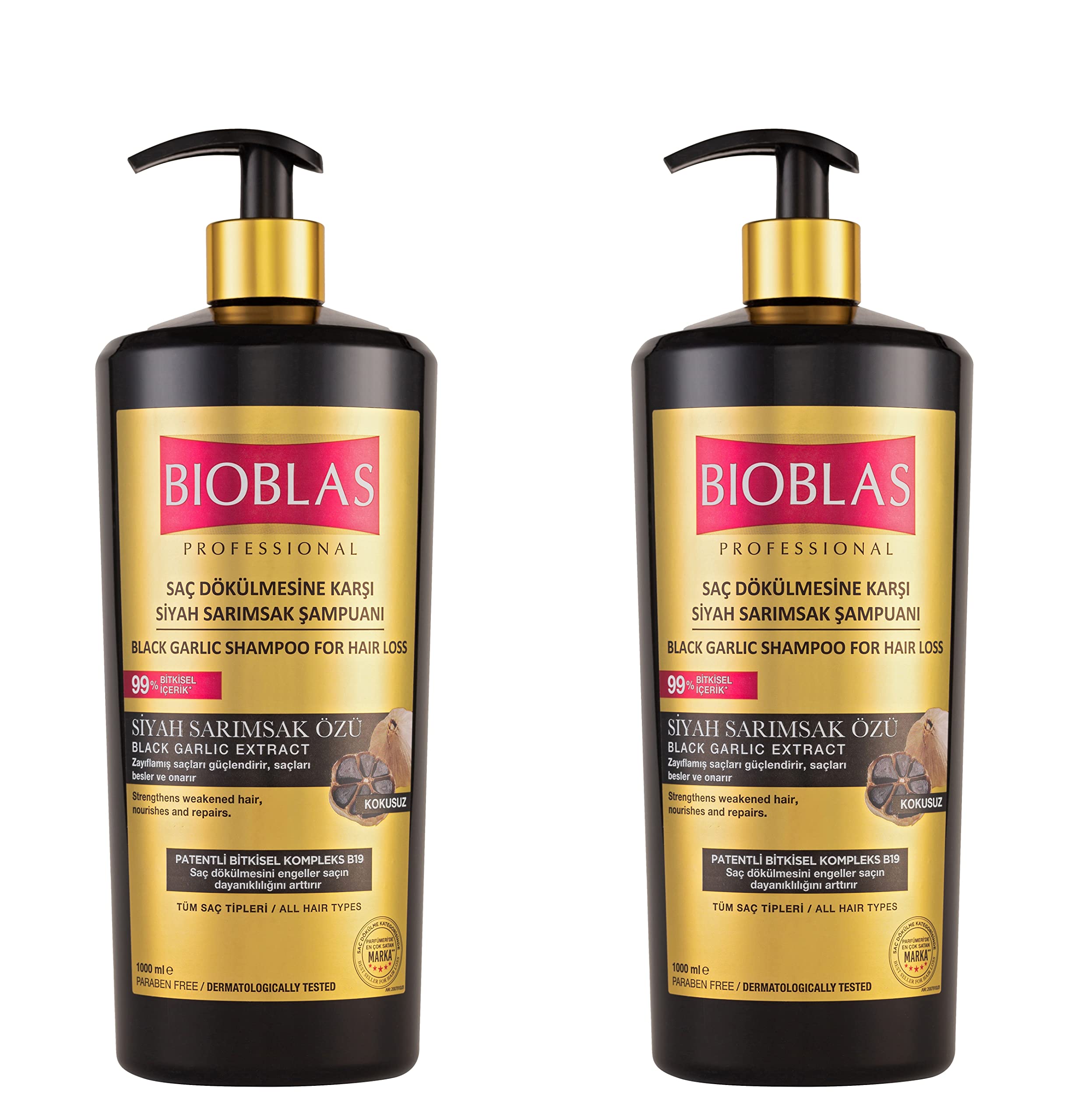 2 x Bioblas Black Garlic Shampoo 1000 ml - Anti Hair Loss for Women and Men, Odourless, Dermatologically Tested (2 x 1000 ml)