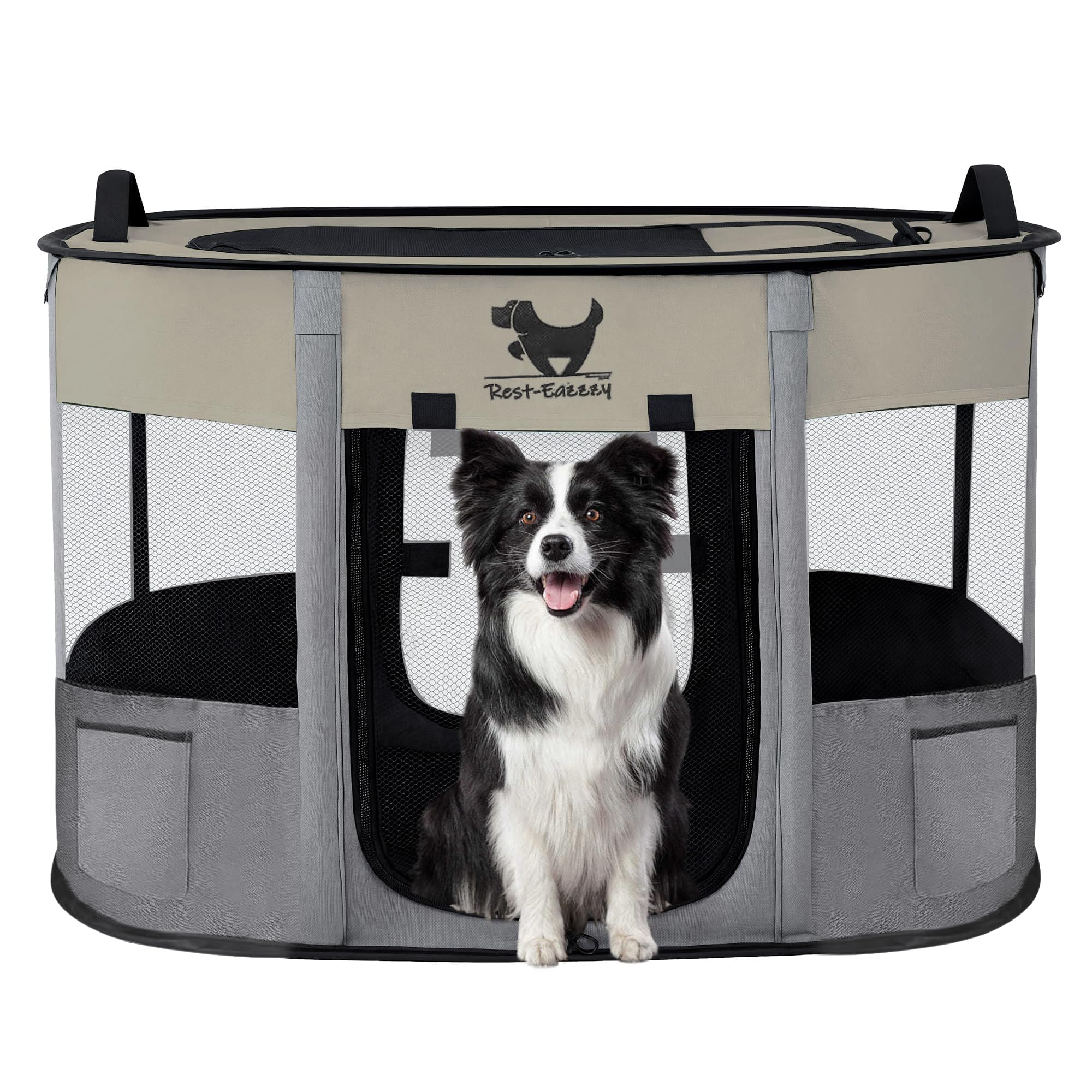 Photo 1 of Rest-Eazzzy Dog Playpen, Foldable Kitten Playpen for Medium Dogs, Portable Pet Puppy Playpen with Removable Shade Cover, Indoor Outdoor Travel Camping Use for Small Pets with Carrying Case (M, Grey)