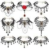 MTLEE 9 Pcs Black Choker Necklace for Women Gothic Jewelry Set Lady Lace Choker Collar with Pendant Elegant Retro Punk Necklaces for Wedding Victorian Costume Party Steampunk Vampire Cosplay Gifts