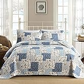 Mybedsoul Light Blue Quilt Set King Size, 3 Pieces Boho Plaid Floral Bedspread Set Microfiber Lightweight Bohemian Bedding Bedspread Coverlet Set for All Season 90"x104"