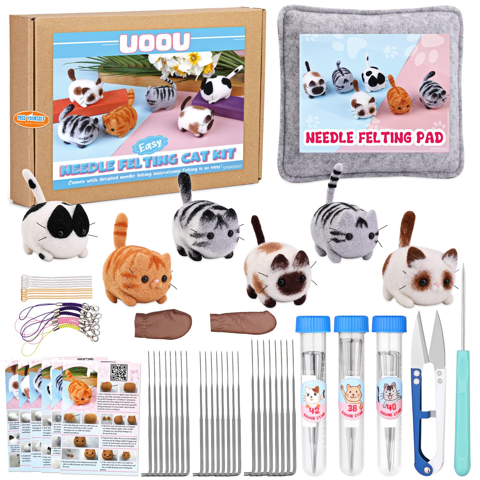 UOOU Needle Felting Beginners Kit with Box,Needles Felting Supplies with 24Pcs Felting Needles,Felting Pad,Wool Roving,DIY Needle Felting Cat Dolls