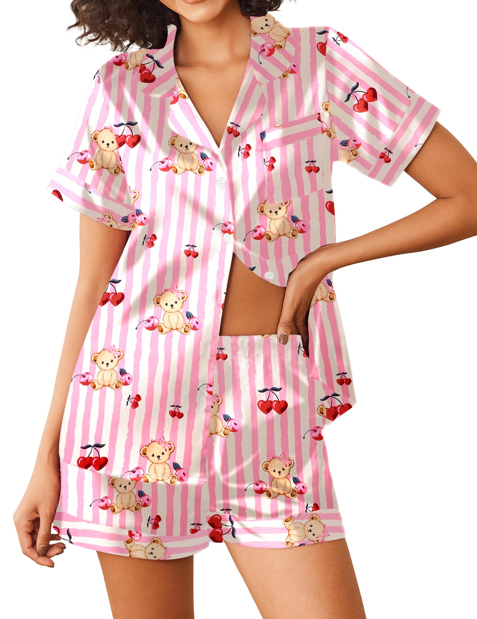 Ekouaer Silk Satin Pjs for Women Set Button Up Pajamas Two Piece Sleep Shorts Sets Summer Loungewear,Teddy Cherry Print,M