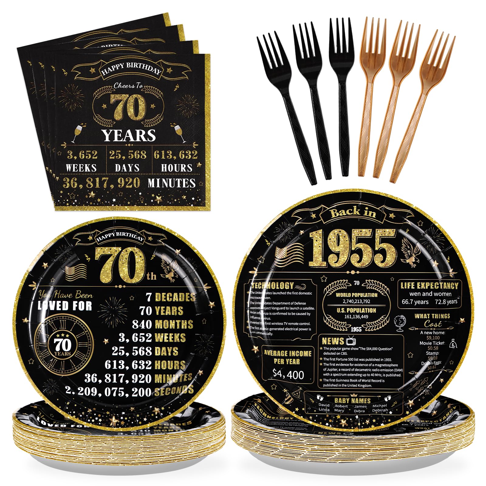96Pcs 70th Birthday Party Supplies 350 GSM Back in 1955 Birthday Plates and Napkins Back and Gold Vintage 70th Birthday Tableware Sets for Men Women 70 Years Old Party Decorations Favors Serves 24