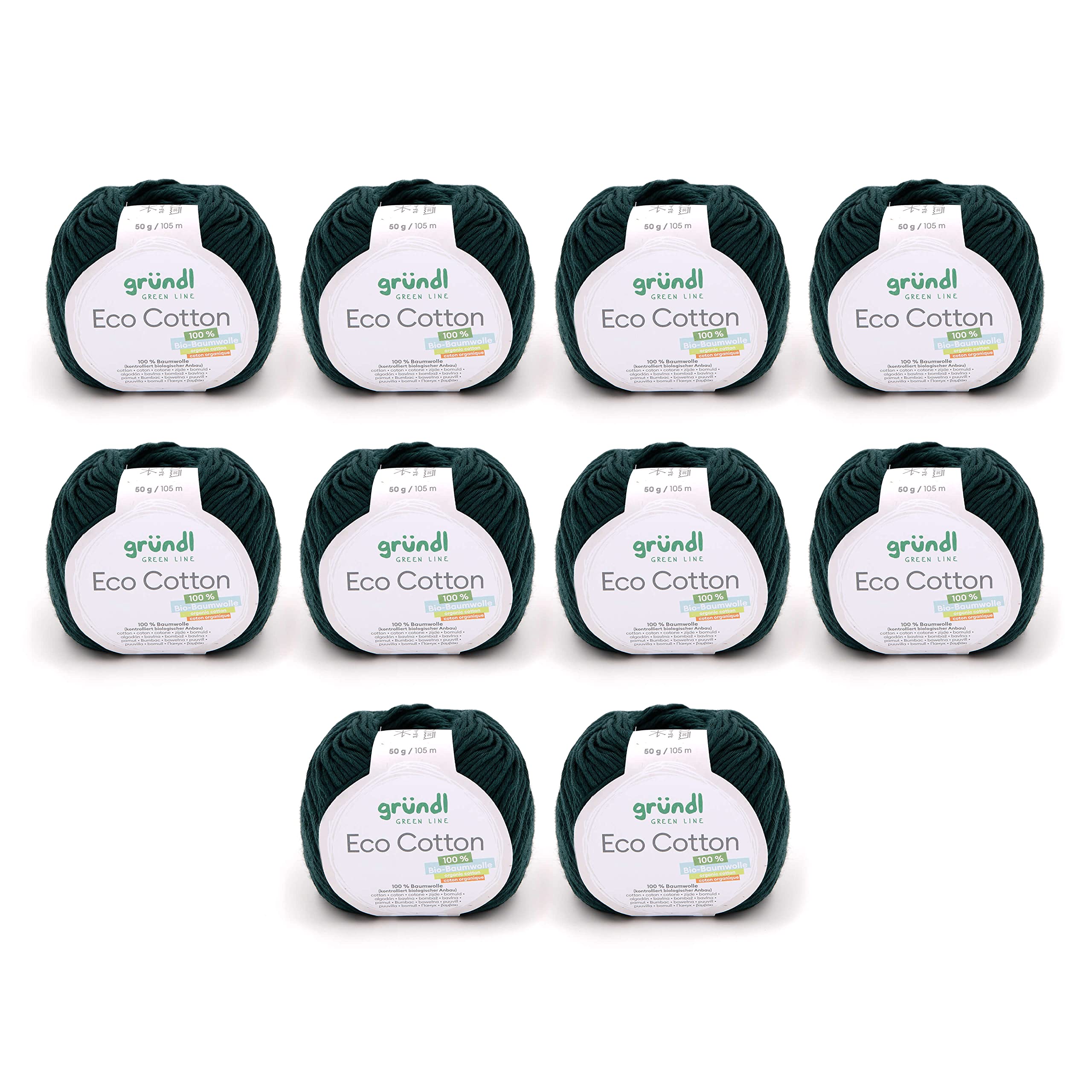 Gründl Eco Cotton Wool - Wool for Crochet - Wool for Knitting - Crochet Yarn - Soft and Skin Friendly - 100% Organic Cotton - 10 Balls 50 g / 105 m - Needle Size 3.5-4.5 - Dark Green