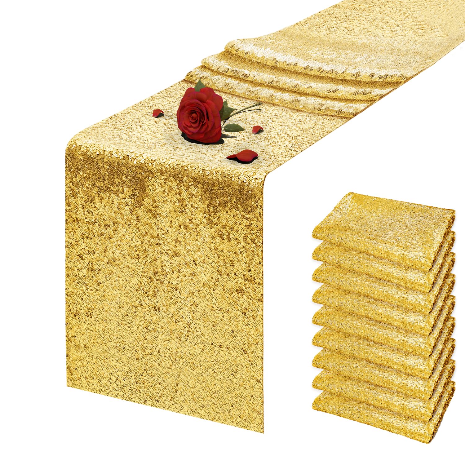 Photo 1 of 10 Packs 12 x 72 inches Gold Sequin Table Runner, Glitter Runner for Birthday Party Supplies Wedding Holiday Celebration Baby Shower Engagement Anniversary Decor