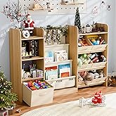 IKALIFE Kids Toy Book Storage Organizer - Large Bookshelf with 7 Removable Bins, Baby Bookshelf and Toy Storage, 4-Tier Book Shelf for Kids Room, Playroom, Classroom, 51 inch, Burlywood