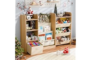 IKALIFE Kids Toy Book Storage Organizer - Large Bookshelf with 7 Removable Bins, Baby Bookshelf and Toy Storage, 4-Tier Book Shelf for Kids Room, Playroom, Classroom, 51 inch, Burlywood