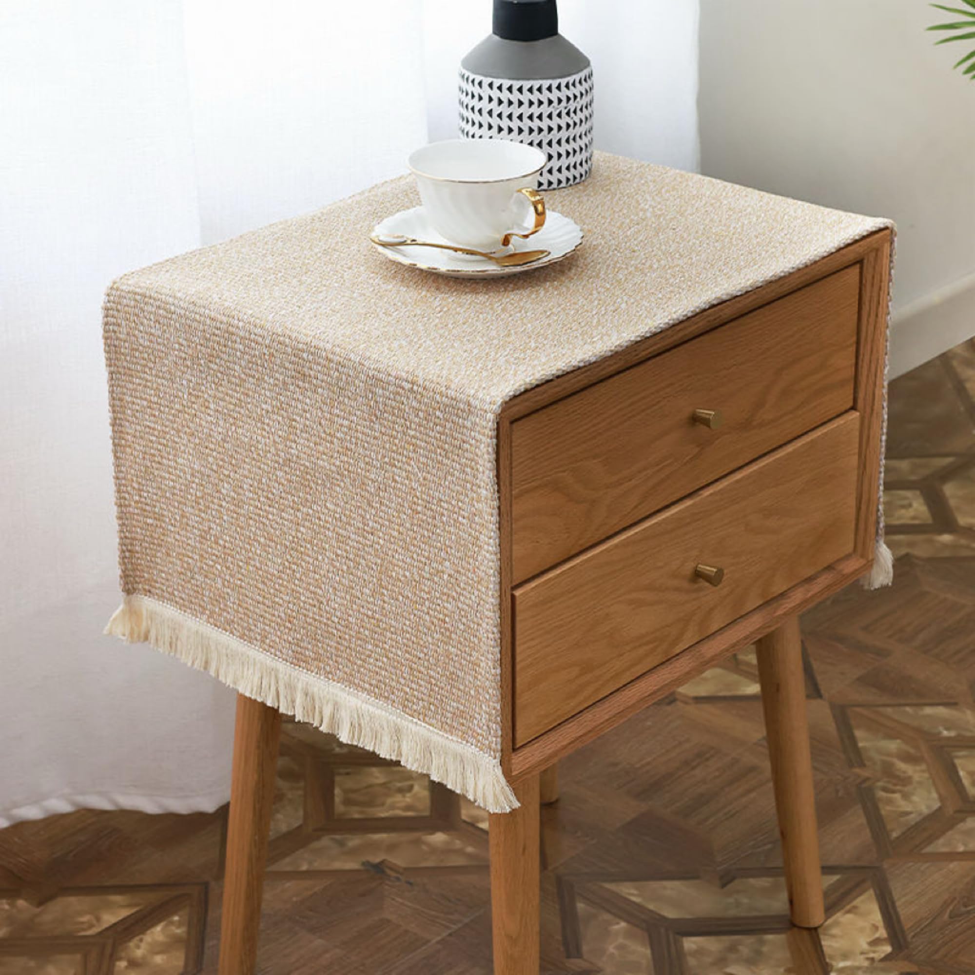 Photo 1 of YUZHANGHE Bedside Table Tassel Cover Cloth Suitable for Bedside Table TV Table Cloth for End Table Tabletop Decoration Microwave Dust Cover (15.7×39.3 Inch, Khaki)