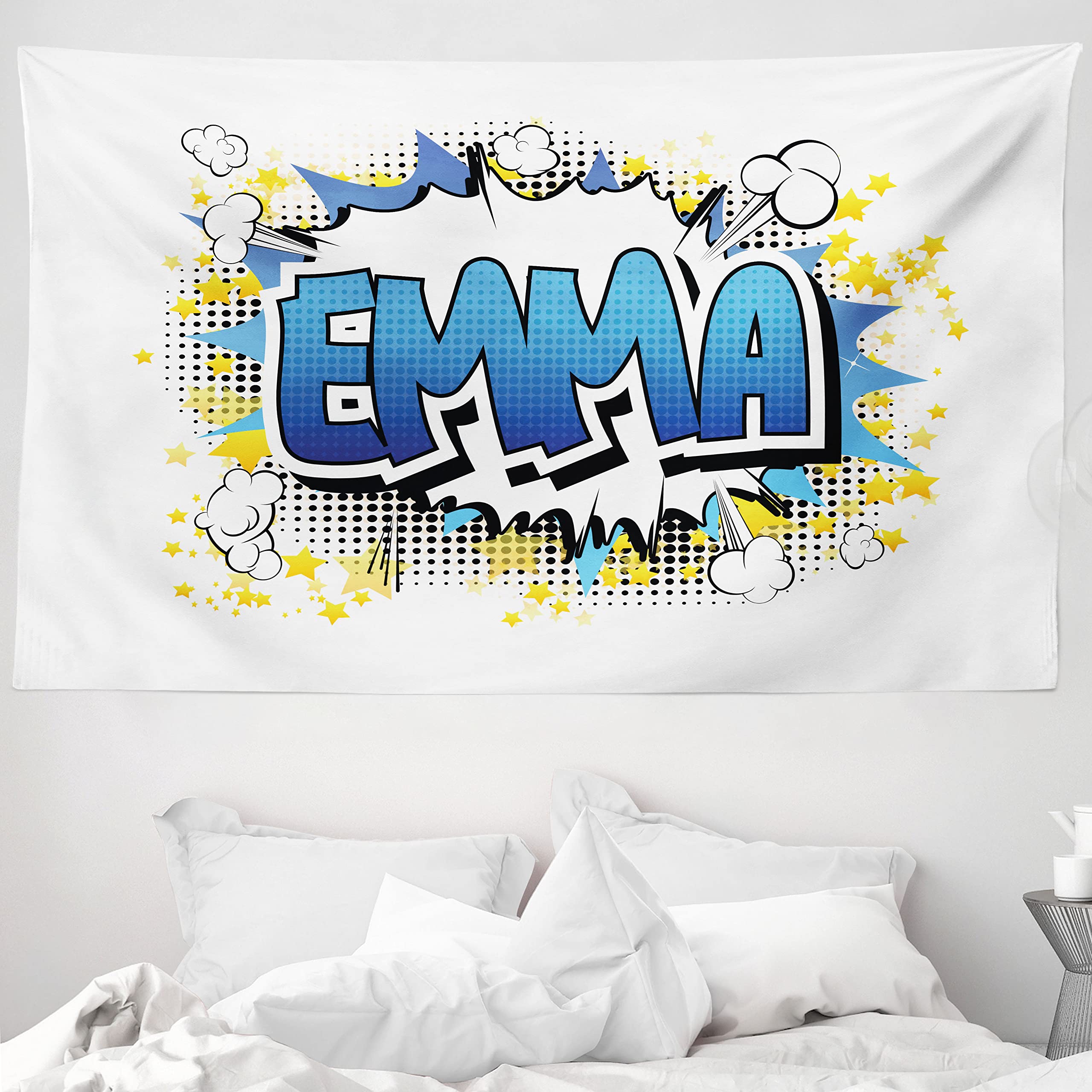 ABAKUHAUS Emma Tapestry, Youthful Energetic Name Design for Teenage Girls Cartoon Stars and Burst, Fabric Wall Hanging Decor for Bedroom Living Room Dorm, 90 W X 54 L, Blue Yellow and Black