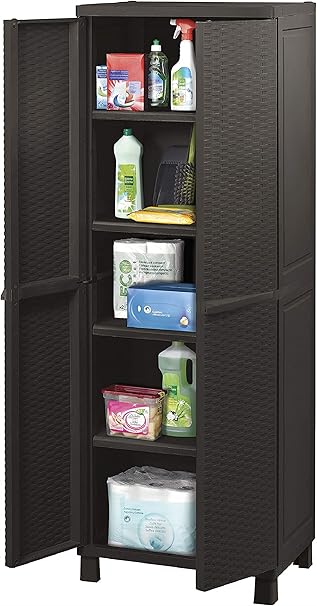 Keter - Armario alto de exterior MP Rattan con 4 baldas, Color marrón