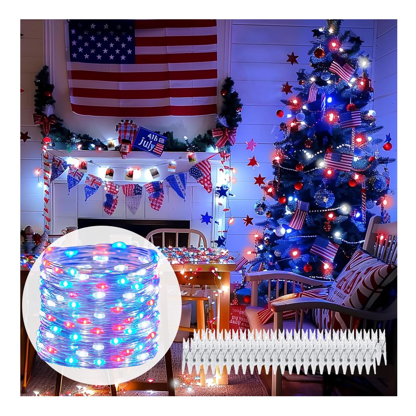 Photo 1 of 4th of July Lights Red-White-Blue Decorations - 100 LED 50 Photo Clips String Lights Holder 33FT Starry Fairy Lights Hanging Pictures Cards Memos USB Powered&Switch Bedroom Dorm Christmas Decor Tree