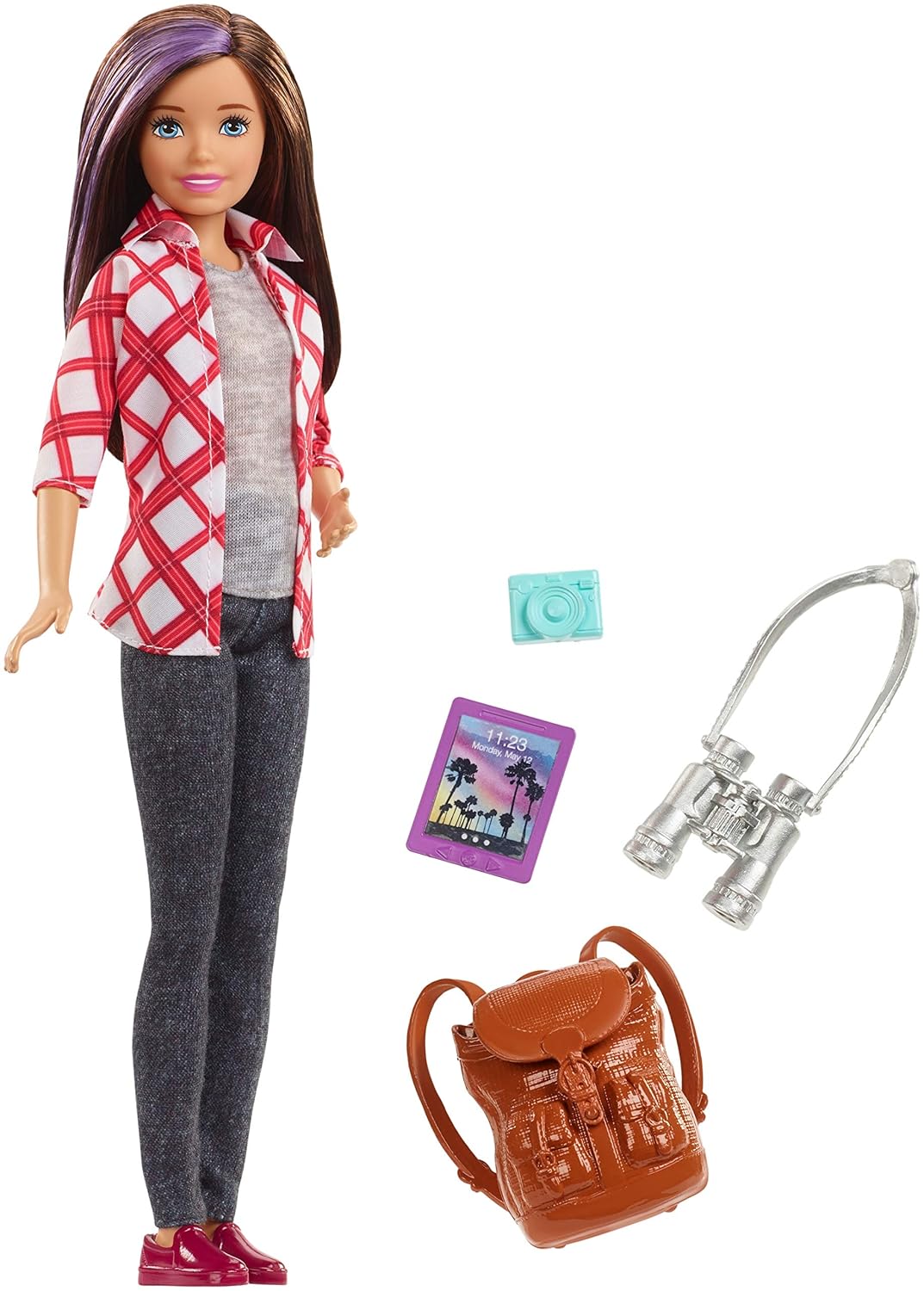 Barbie FWV17 Travel Skipper Doll, with 4 Accessories, Brunette with