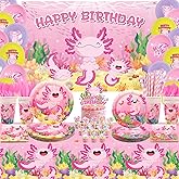 Obussgar Pink Axolotl Birthday Party Decorations - Axolotl Party Supplies including Backdrop, Plate, Cake Topper, Cup, Napkin, Balloon, Tablecloth - Serves 20