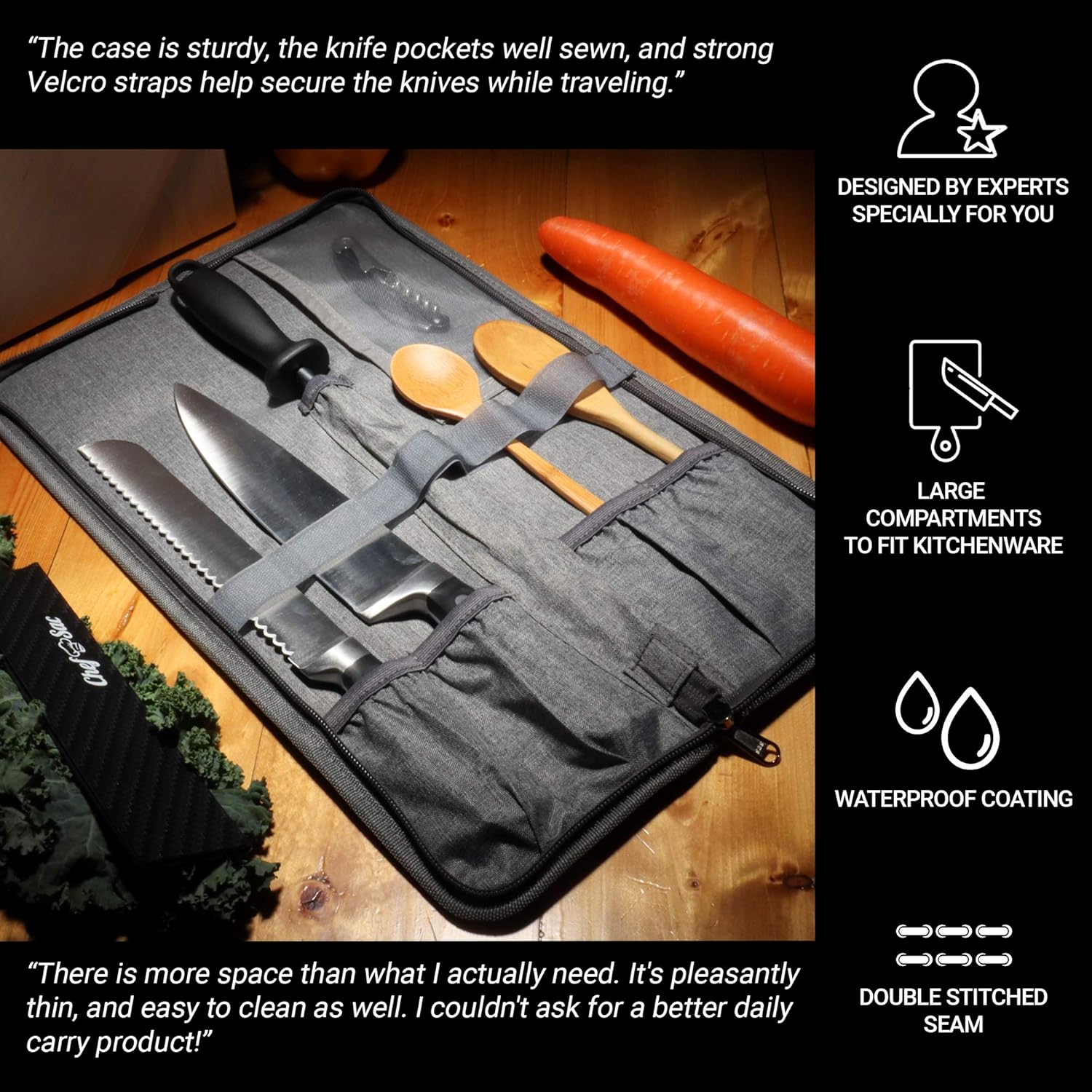 Chef Knife Bag Travel Folder Knife Case | 4 Pockets for Knives & Kitchen Tools | Special Slot for Honing Rod | Camp Chef Accessories | Durable Knife Holder for Chefs & Culinary Students (Heather Grey): Kitchen & Dining