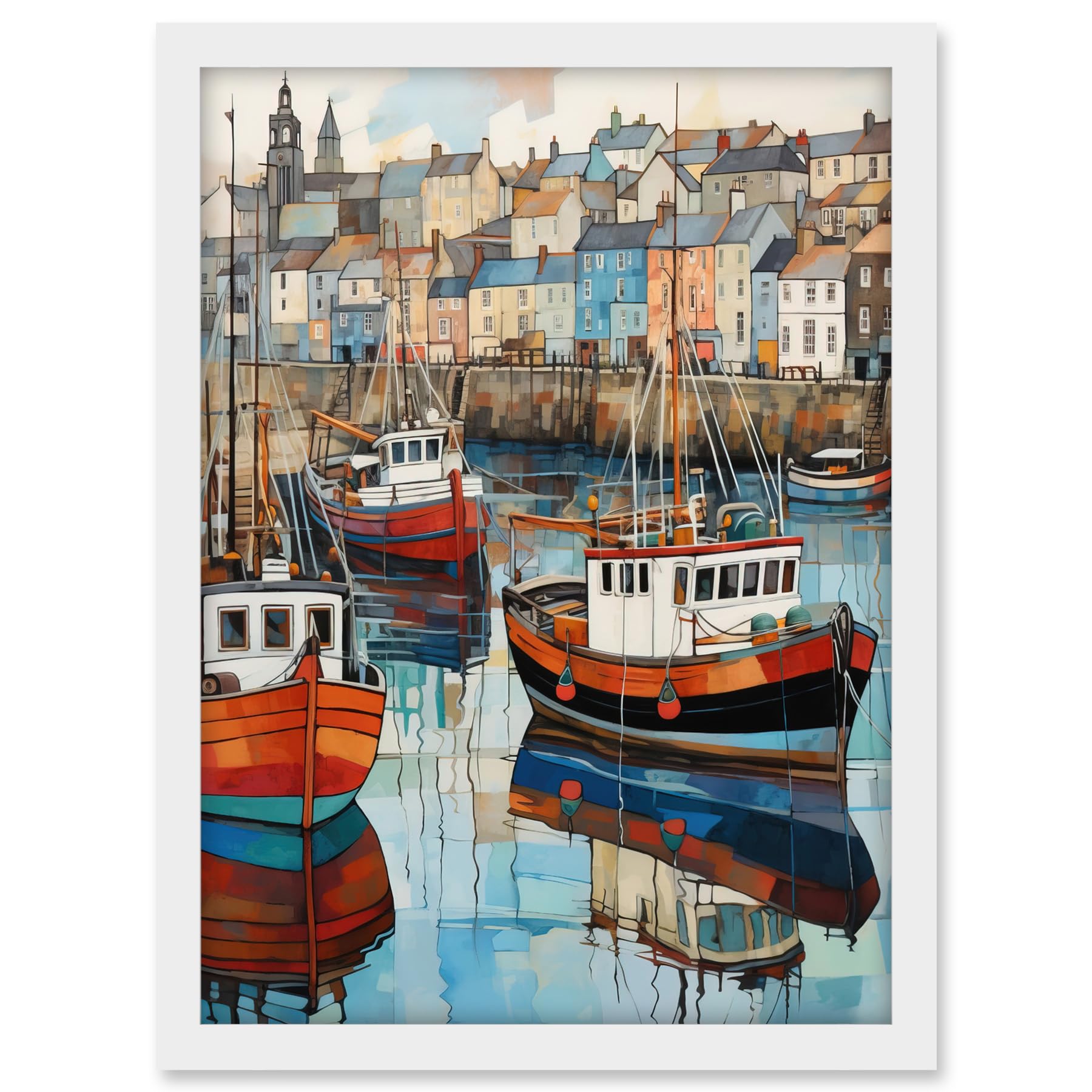 Artery8 Newlyn Harbour Trawler Boats Promenade Watercolour Painting Cornwall Coastal Townscape Artwork Framed A3 Wall Art Print