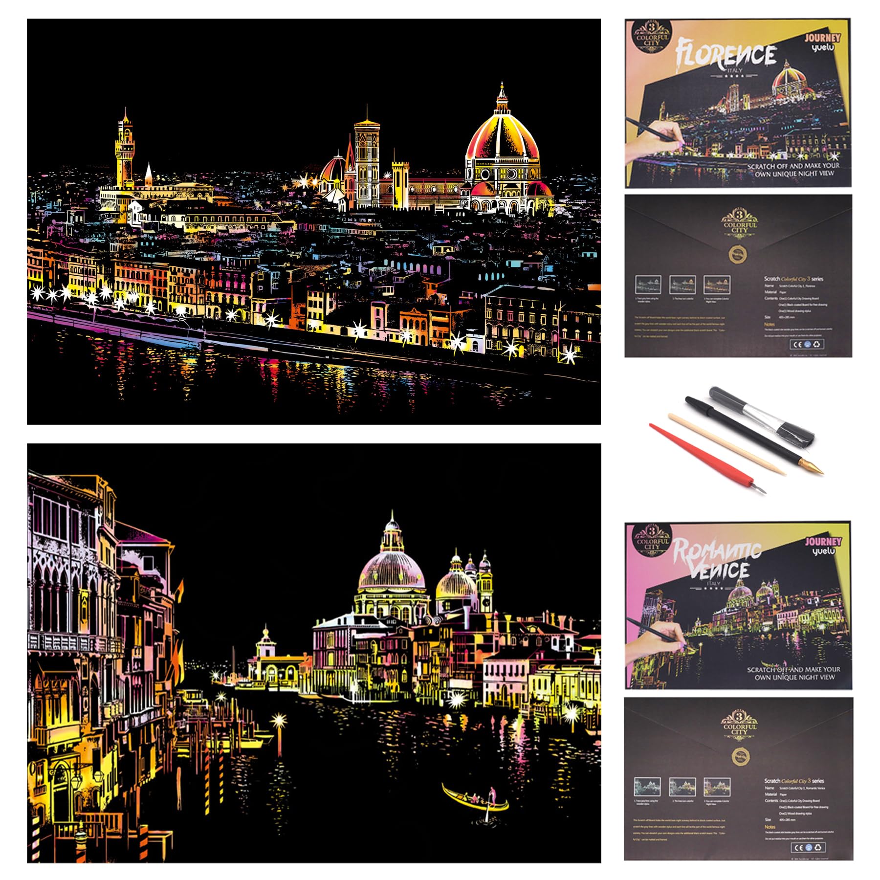 SiYear Scratch Paper Rainbow Painting Sketch, City Series Night Scene,Scratch Painting Creative Gift,Scratchboard for Adult with 4 Tools(8PACK) — image 1