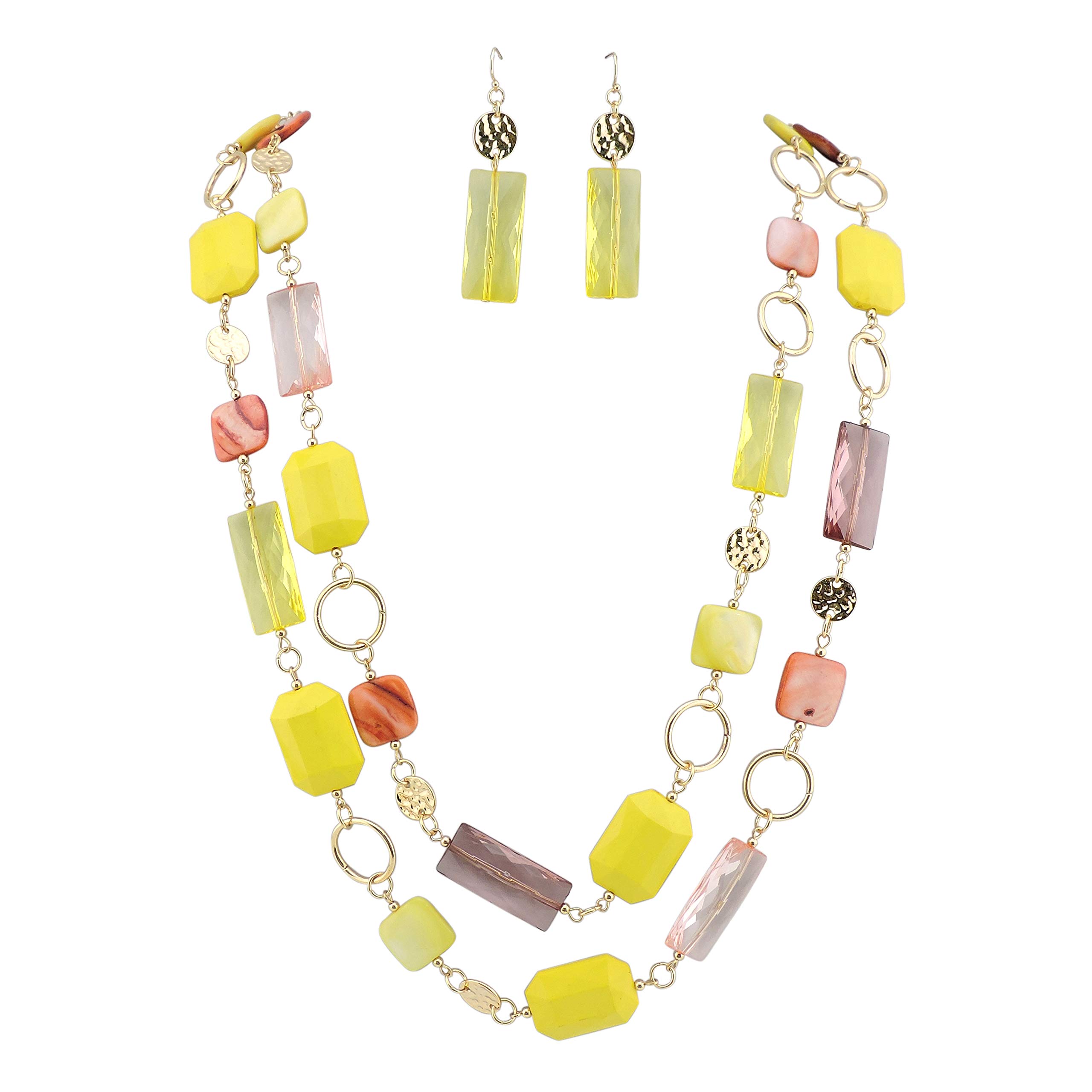 BOCAR 2 Long Fashion Strand Chain Statement Beaded Women 36" Necklace Earrings Set (NK-10468-yellow)