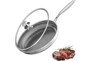 YRenZ 18/10 Stainless Steel Non Stick Frying Pan with Lid – 10 Inch Tri-Ply Honeycomb Skillet, Scratch Resistant, Oven & Indu