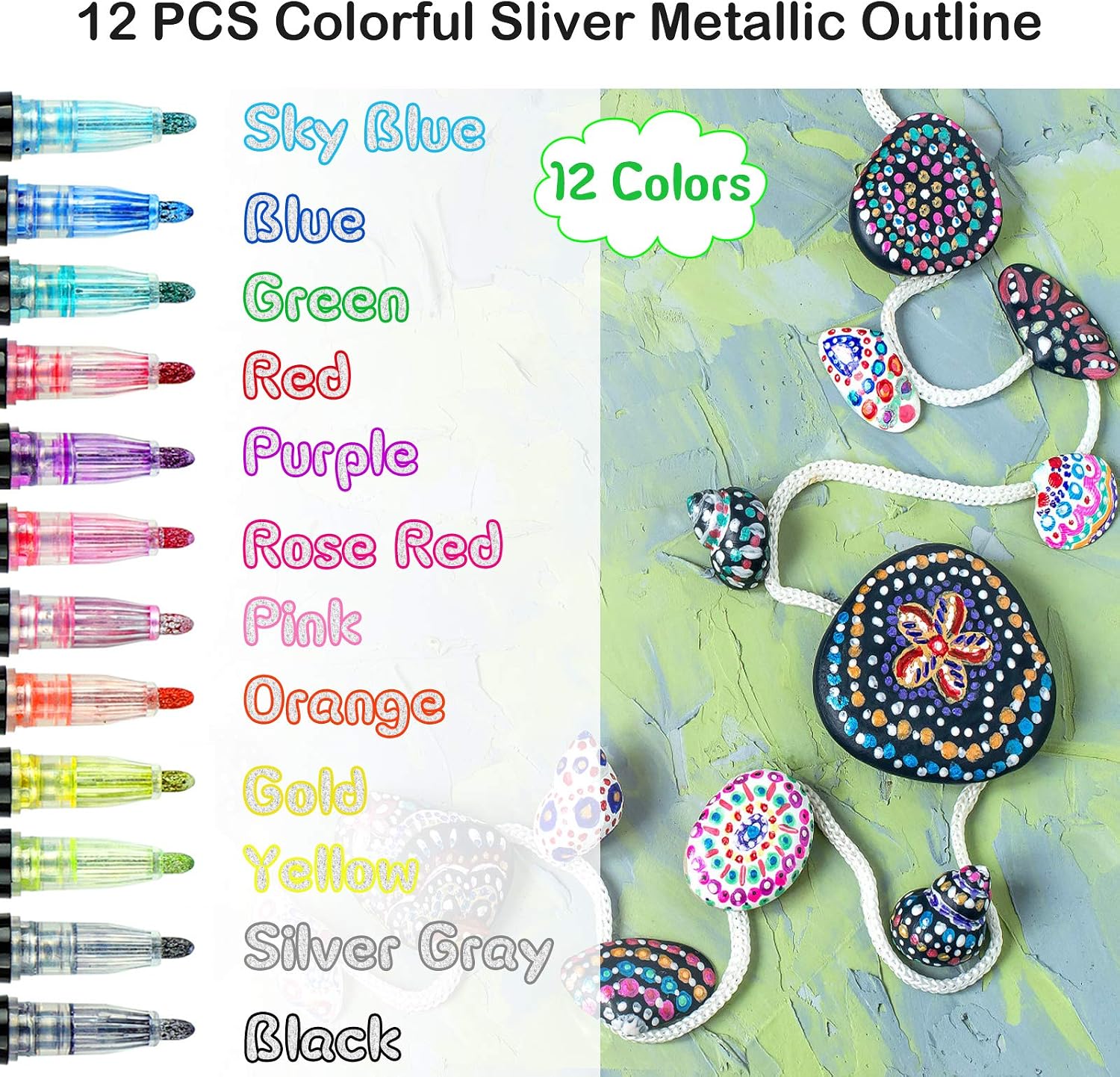 Double Line Outline Pens 12 Colours Shimmer Metallic Markers Glitter Pens for Painting DIY Art Craft Scrap Booking Posters Doodle Dazzle Writing Drawing Pen for Birthday Greeting Festival Gift Card - Image 3