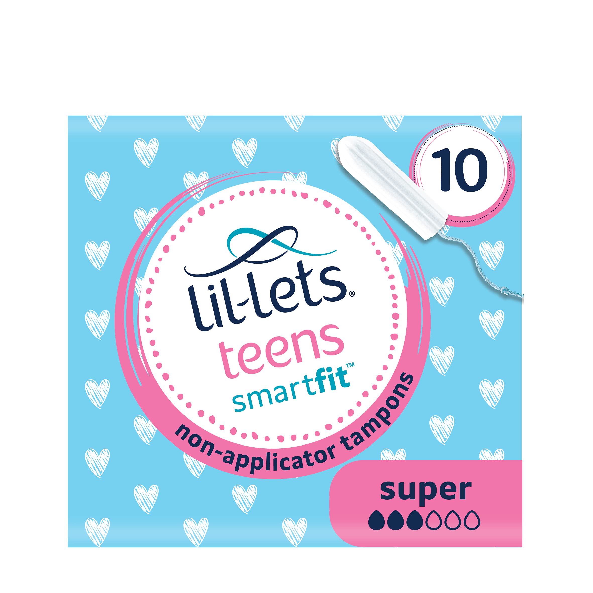 Lil-Lets Teens Non-Applicator Super Tampons X 70, 7 Packs of 10, Medium to Heavy Flow, 3 Droplets, Plant-Based, SmartFit™ Non-App Tampon