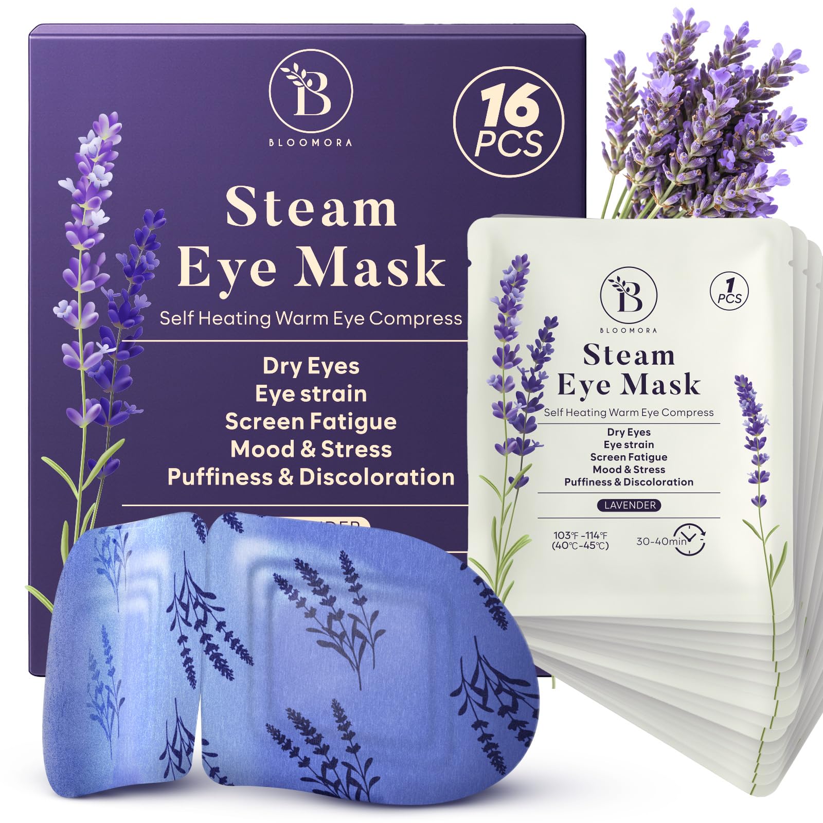 Photo 1 of 16 Pack Lavender Steam Eye Mask for Dryness, Puffiness, Strain & Relaxation, Heated Eye Mask for Sleep & Travel, Self-Heating & Disposable Warm Compress, Travel Essentials, Relaxation Gifts for Women