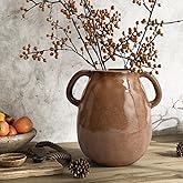 GarDream Antique Brown Ceramic Vase with Handles, Rustic Farmhouse Decor, 7 Inch Glazed Pottery Flower Vases for Home Decor, Handmade Decorative Vase for Flowers, Bouquet, Table, Kitchen, Living Room