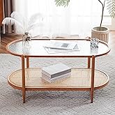 VINGLI 38" Rattan Oval Coffee Table, Water-Wave Glass Metal Center Table, Modern Coffees Table with 2-Tier Storage, Farmhouse