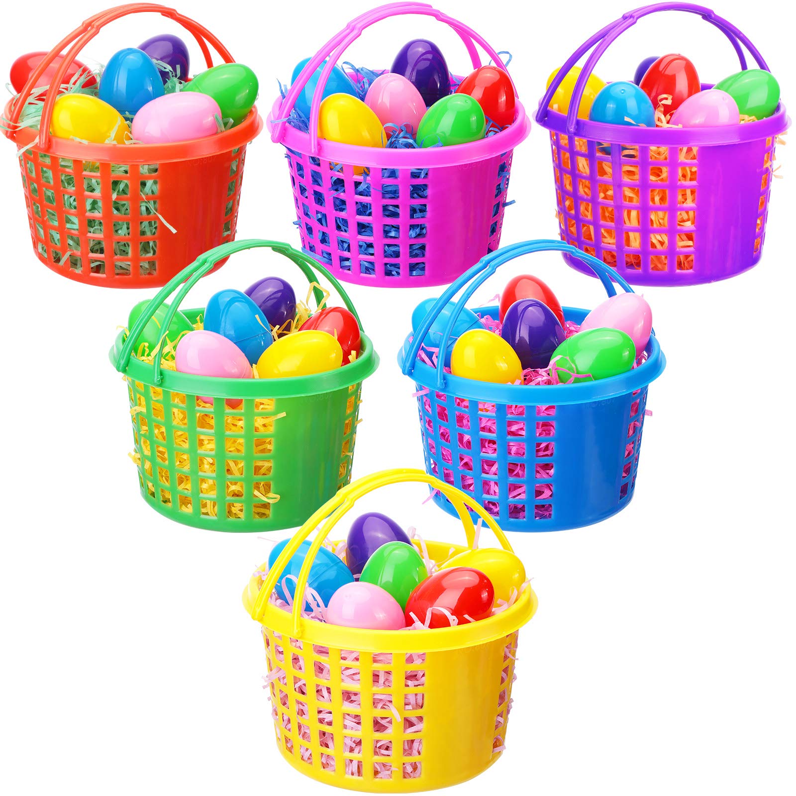 Jetec 48 Pcs Small Easter Egg Baskets Set, 6 Plastic Easter Baskets with Handle 36 Colorful Fillable Egg Surprise 6 Tissue Raffia Paper for Spring Theme Party(Rainbow)
