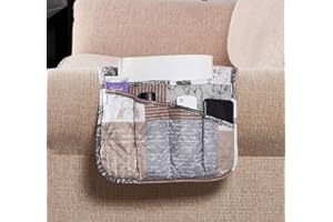 Brilliant Sunshine Paris and Toile Floral Patchwork Couch Armrest 5 Pockets Organizer, Slip Resistant Armchair Caddy, Washable Remote Controls Holder, Storage for Magazine, Tablet, 35×13", Latte Grey