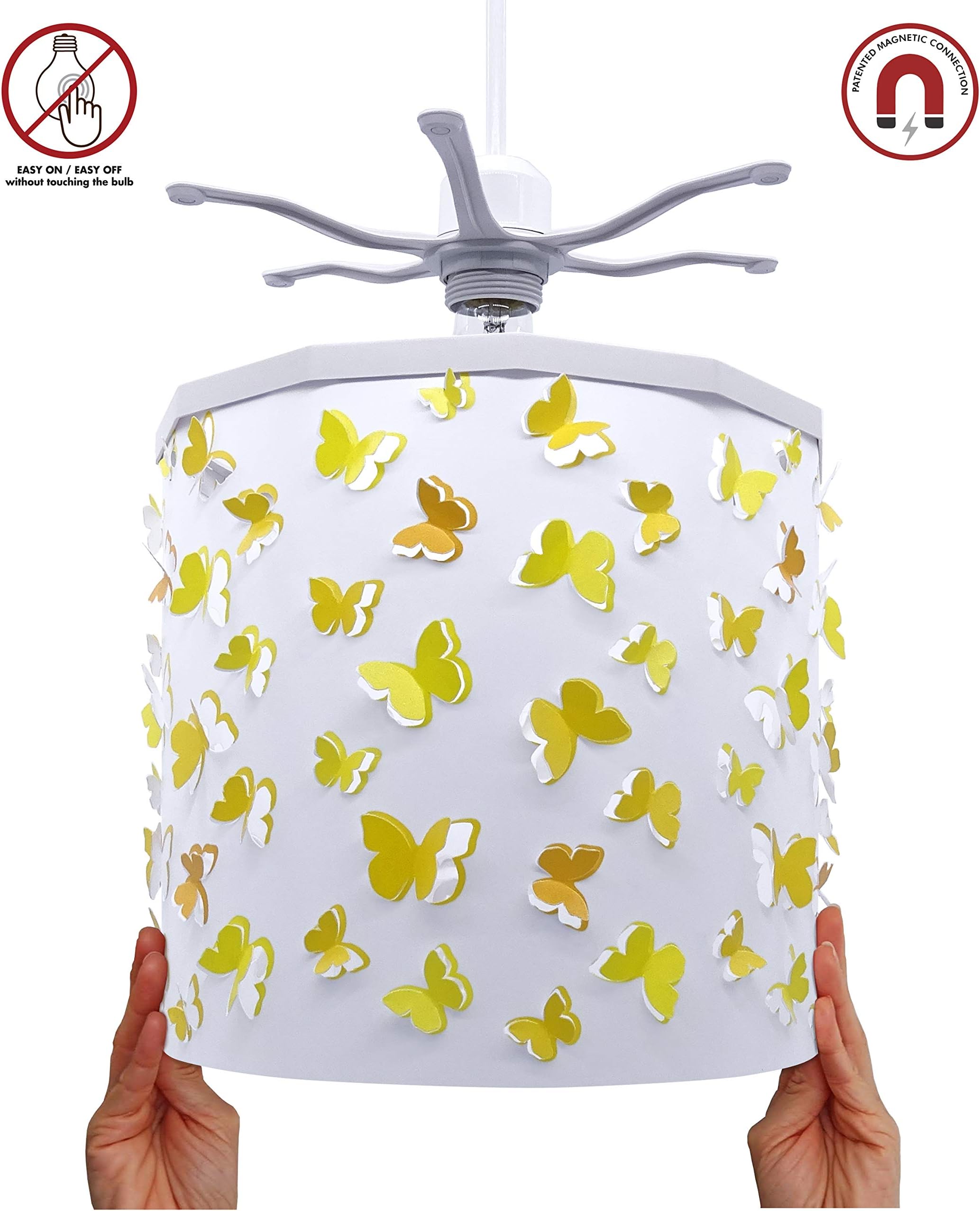 Ereki Ceiling Pendant Light Shade - Butterfly Light Projection Effect Light Cover - Magnetic Ceiling Night Light Lampshade Kit for Interchangeable Designs, Yellow