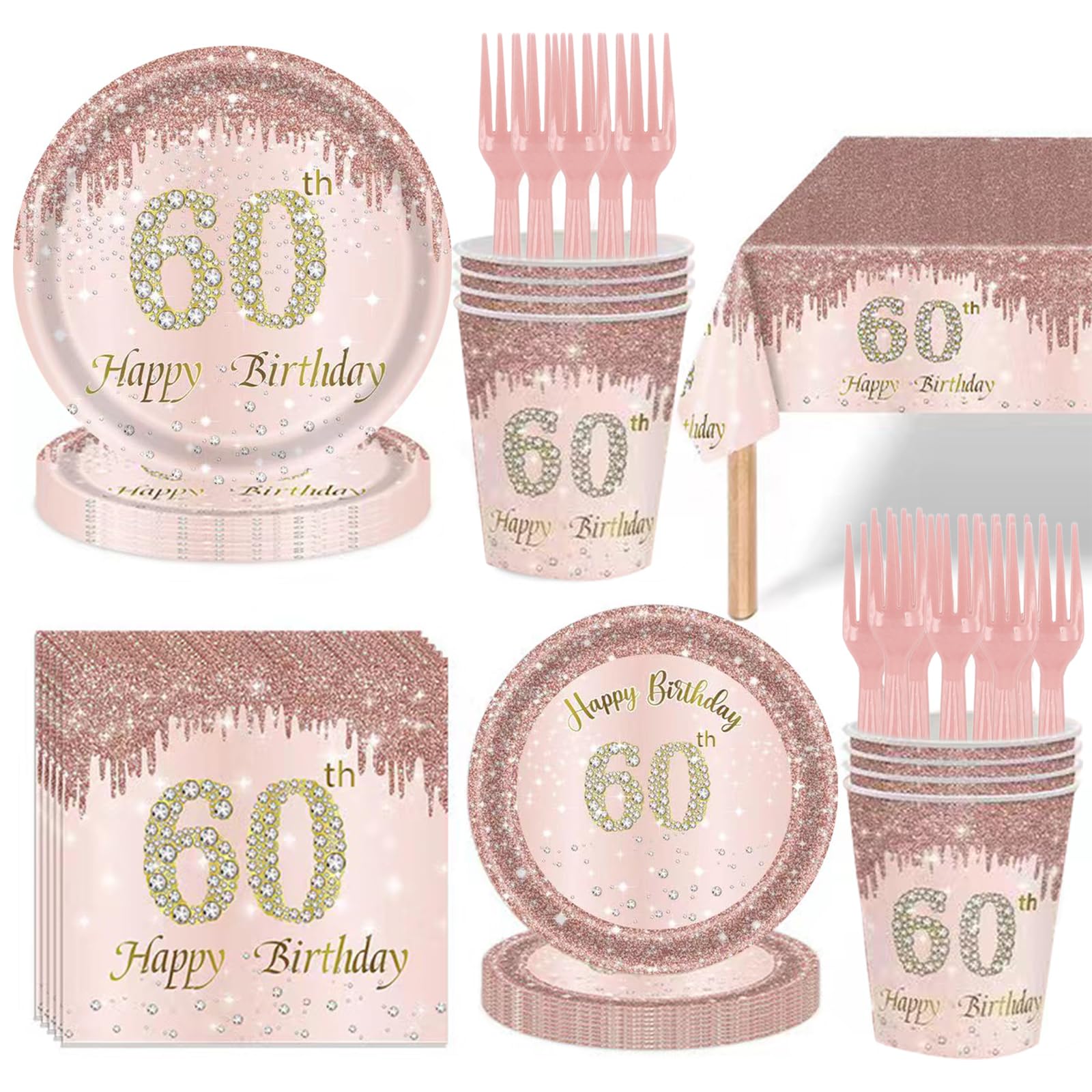 Photo 1 of 121Pcs 60th Birthday Party Supplies Plates Napkins Cups Forks Tablecloth Rose Gold Happy 60th Birthday Themed Disposable Tableware Decorations Serves 24 Guests for Women 60 Years