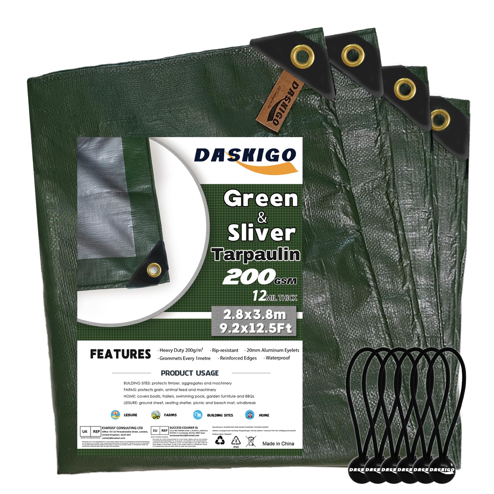 DASKIGO 3 x 4M Heavy Duty 200GSM Green&Silver Reinforced Tarpaulin Cover Waterproof Sheet & 6 Pcs Bungee Balls