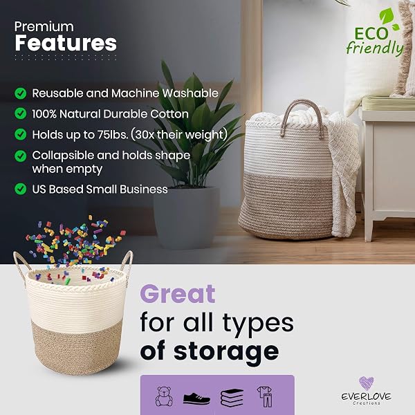 XXL PREMIUM COTTON ROPE BASKET 18″X16″ – LARGE BASKETS FOR STORAGE – WOVEN LAUNDRY BASKET- BROWN FARMHOUSE BASKET -ROPE STORAGE BASKETS – COTTON BASKET FOR LIVING ROOM STORAGE – WICKER BASKET