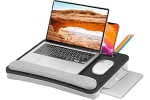 HAMITOR Laptop Lap Desk with Cushion - Fits up to 15.6-inch Laptop, Partitioned Storage Bag and Portable Lap Stand with Wrist Rest & Tablet Phone Slot - Wood Wide Laptop Tray for Bed Home Office Students