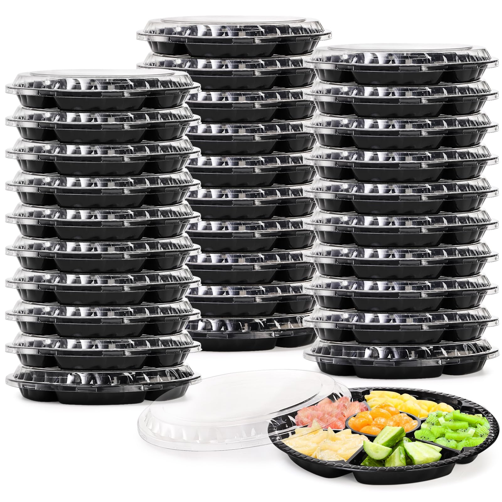 Photo 1 of Lawei 30 Pack Plastic Appetizer Trays with Clear Lid, Round Stackable Serving Party Trays, 12 in Banquet Catering Fruit Vegetable Tray, Reusable 6 Divided Food Snack Dip Platter for Outdoor Buffet