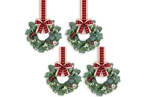 UJG 4PACK Mini Christmas Faux Kitchen Cabinet Wreaths with Red Black Plaid Ribbon Artificial Green Leaves Red Berries Hanging Wreaths for Home Front Door Christmas Holiday Indoor Decor
