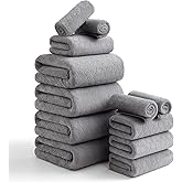 Luxury Bath Towels Set - 12 Piece (4 Bath Towels,4 Hand Towels,4 Washcloths), 100% Microfiber,Extra Absorbent Super Soft & Quick Dry,Complete Family Pack for Bathroom Gym Pool,Grey