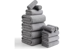 HAILEA Luxury Bath Towels Set - 12 Piece (4 Bath Towels,4 Hand Towels,4 Washcloths), 100% Microfiber,Extra Absorbent Super Soft & Quick Dry,Complete Family Pack for Bathroom Gym Pool,Grey