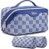 BOYATU Travel Makeup Bag for Women: Large Cosmetic Bag Set of 3 - PU Leather Make up Bag with Compartments - Compact Waterproof Toiletry Bag with Divider & Handle (D-1-Blue)