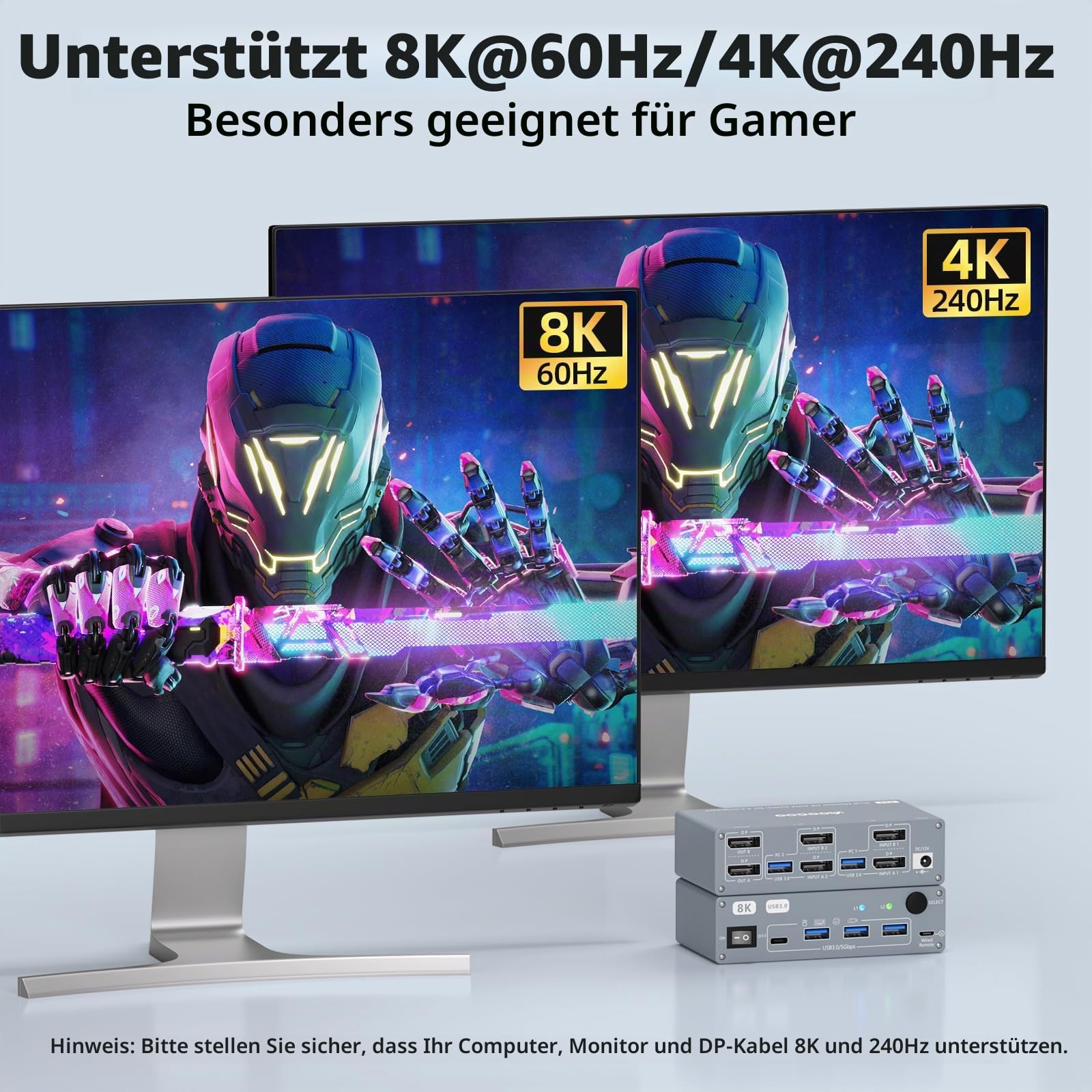 Displayport KVM Switch 2 Computers 2 Monitore, 8K@60Hz/4K@240Hz Dual Monitore KVM Switch with 4 USB3.0 Ports, USB Kabeln und Netzteil, ideal für Homeoffice und Gaming 5