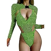 Rave Outfits for Womens - EDC Festival Neon Bodysuit Long Swimsuits Mesh Buckle Shrug Crop Top Club Party 2 Pcs Set