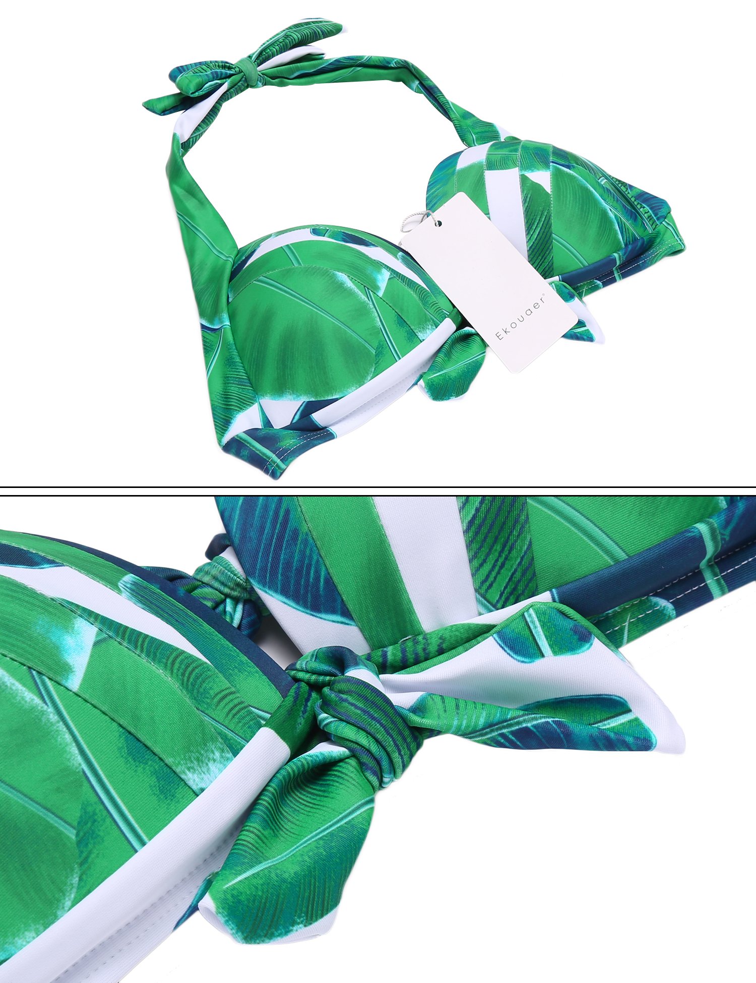 Ekouaer Two Piece High Waisted Swimsuits Halter 50s Retro Print Carnival Bikinis (Tropical Green Leaves, M)