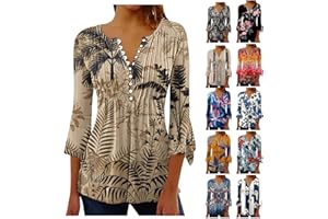 QotLoyi 3/4 Length Sleeve Womens Tops Summer Casual Floral Button V-Neck Shirts Trendy Slim Fit Pleated Blouses Comfy Tunic