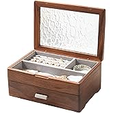 EURIELK Wooden Jewelry Box, Large Size Case, Natural Solid Walnut Wood Vintage Trinket Organizer with 2-Layer Storage, Drawer, Ring Compartments, Necklace Hooks, Glass Lid, ek06-b-walnut