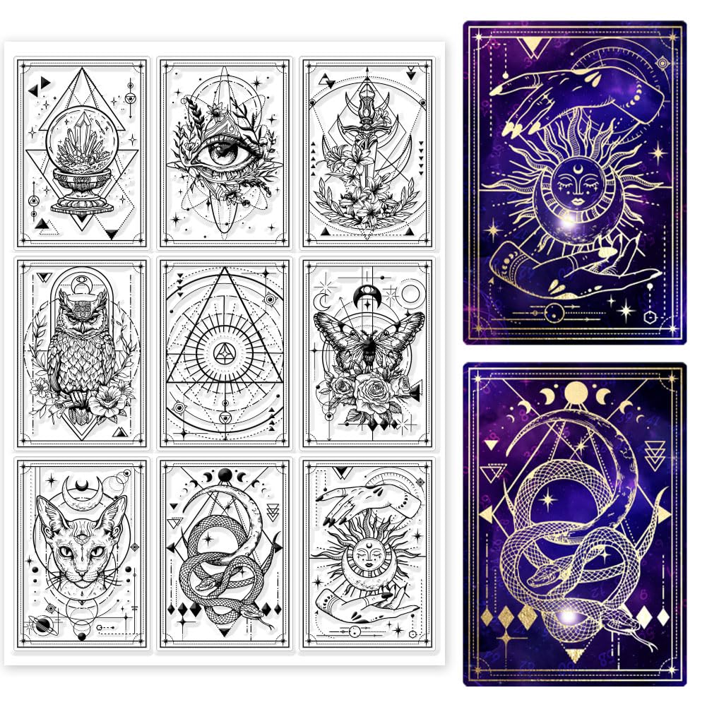 GLOBLELAND Tarot Cards Clear Stamp 11.69×8.27inch Magic Divination Witch Moon Phase Transparent Silicone Stamps for DIY Scrapbooking Photo Album Decorative Cards Making Home Decoration